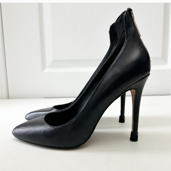 🍁 Aldo Black Leather Pumps Pointy Toe Stiletto High Heels Gold Zippers Size 7.5 - Picture 6 of 10